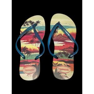 Havaianas Tropical Sunset Palm Tree Flip Flops Blue Straps Mens 7/8 Womens 9/10
